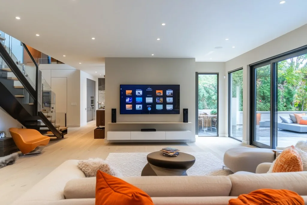 智能家居与自动化场景：modernes Wohnzimmer mit Smart Home